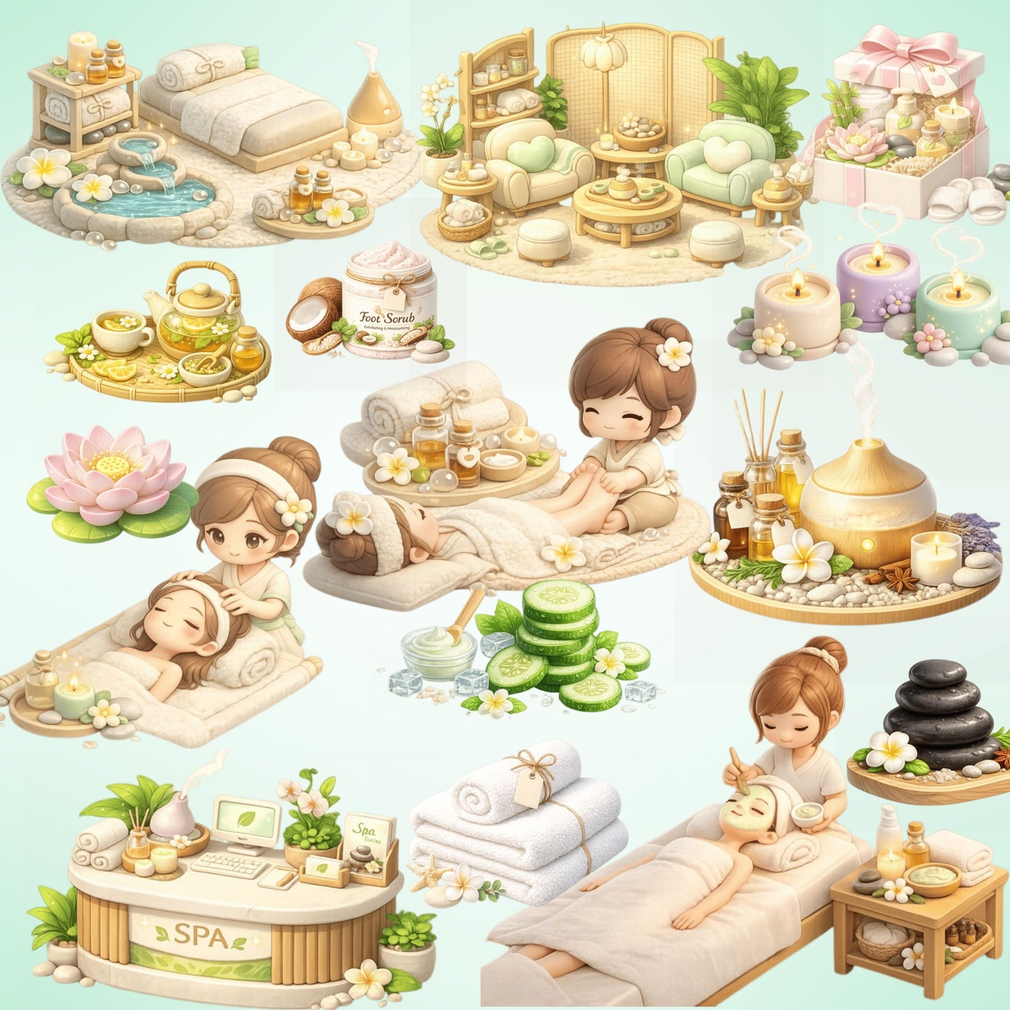 Spa Wellness 3D Clipart PNG Bundle – 47 Massage Therapist & Self-Care Graphics for Branding & Planners