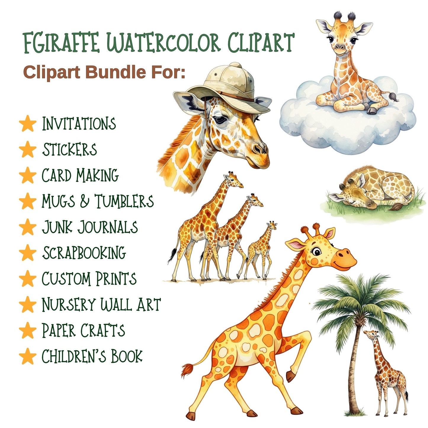 Giraffe Watercolor Clipart PNG | Safari Animal Clipart | Baby Giraffe Nursery Art | Safari PNG Set | Commercial Use