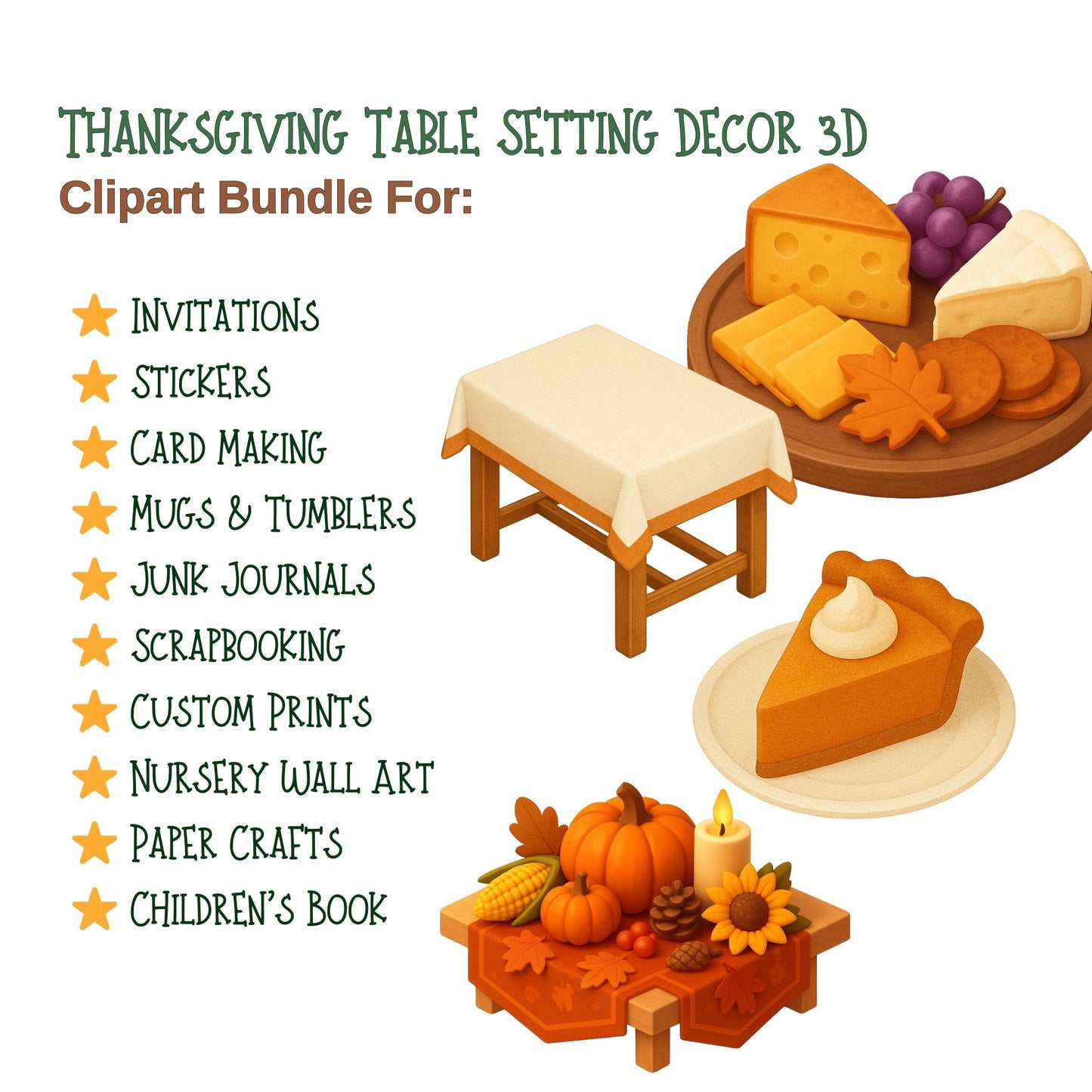 Thanksgiving Table Decor 3D Clipart – Fall Feast PNG Bundle, Autumn Dinner Table, Turkey, Pumpkins & Cozy Holiday Decor (50 PNG)