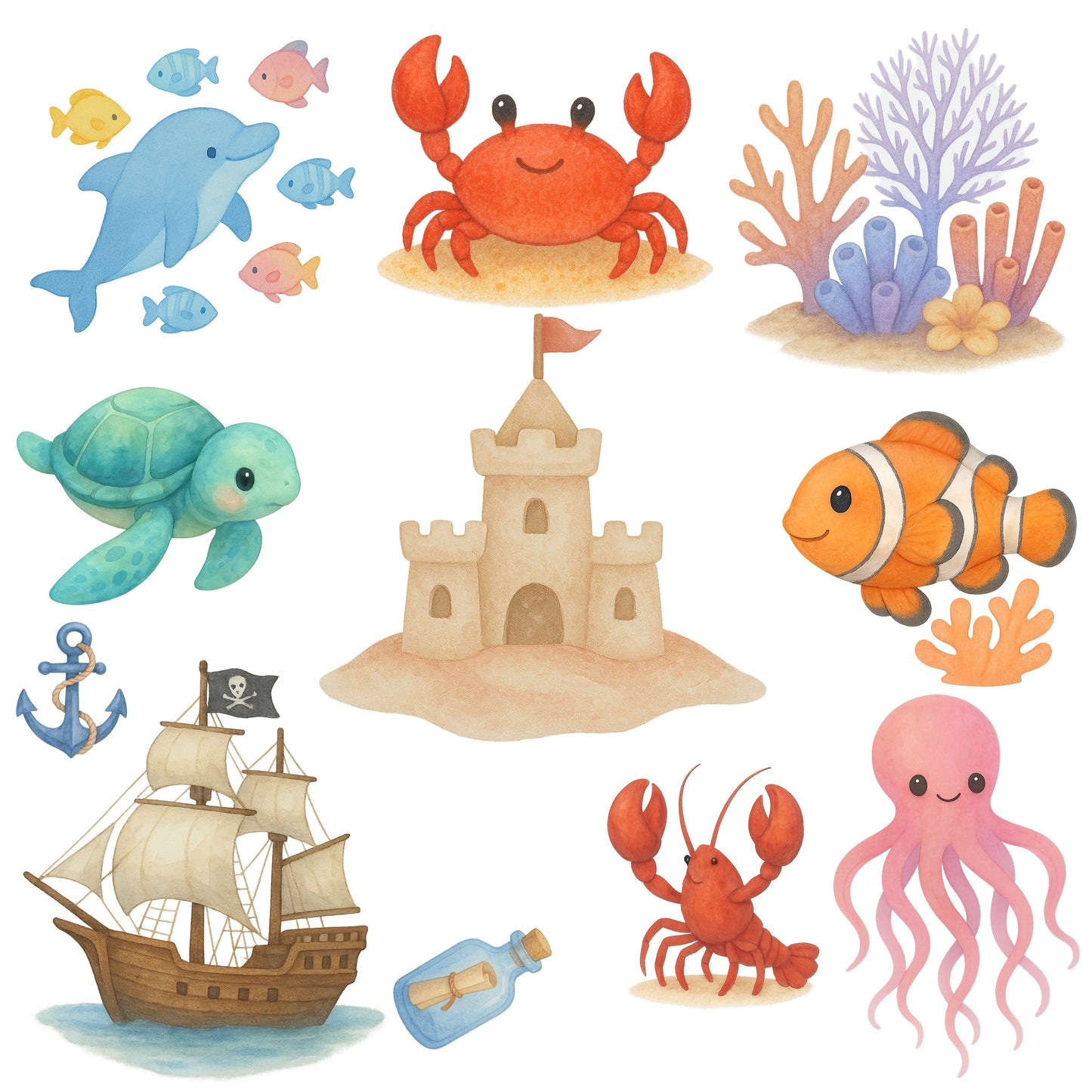 Sea Animals Clipart Bundle | Ocean Friends PNG | Cute Marine Life Watercolor | Under the Sea Kids Clipart | Coral, Pirate Ship, Beach Art