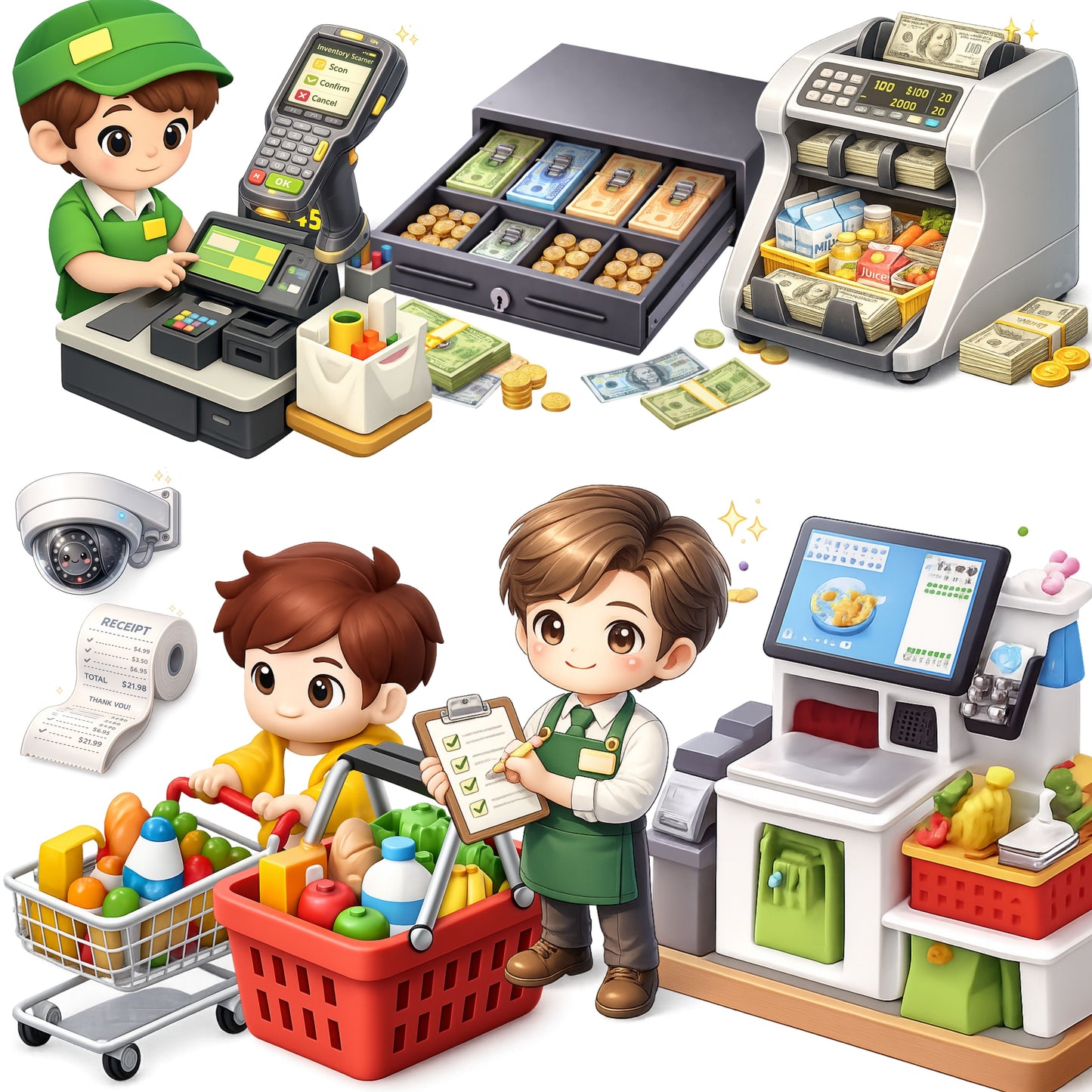 Retail Cashier Clipart Bundle – 3D Supermarket PNGs (47 Files) – Checkout Counter, POS System, Staff & Financial Literacy Graphics