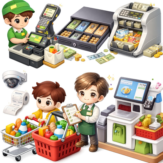 Retail Cashier Clipart Bundle – 3D Supermarket PNGs (47 Files) – Checkout Counter, POS System, Staff & Financial Literacy Graphics