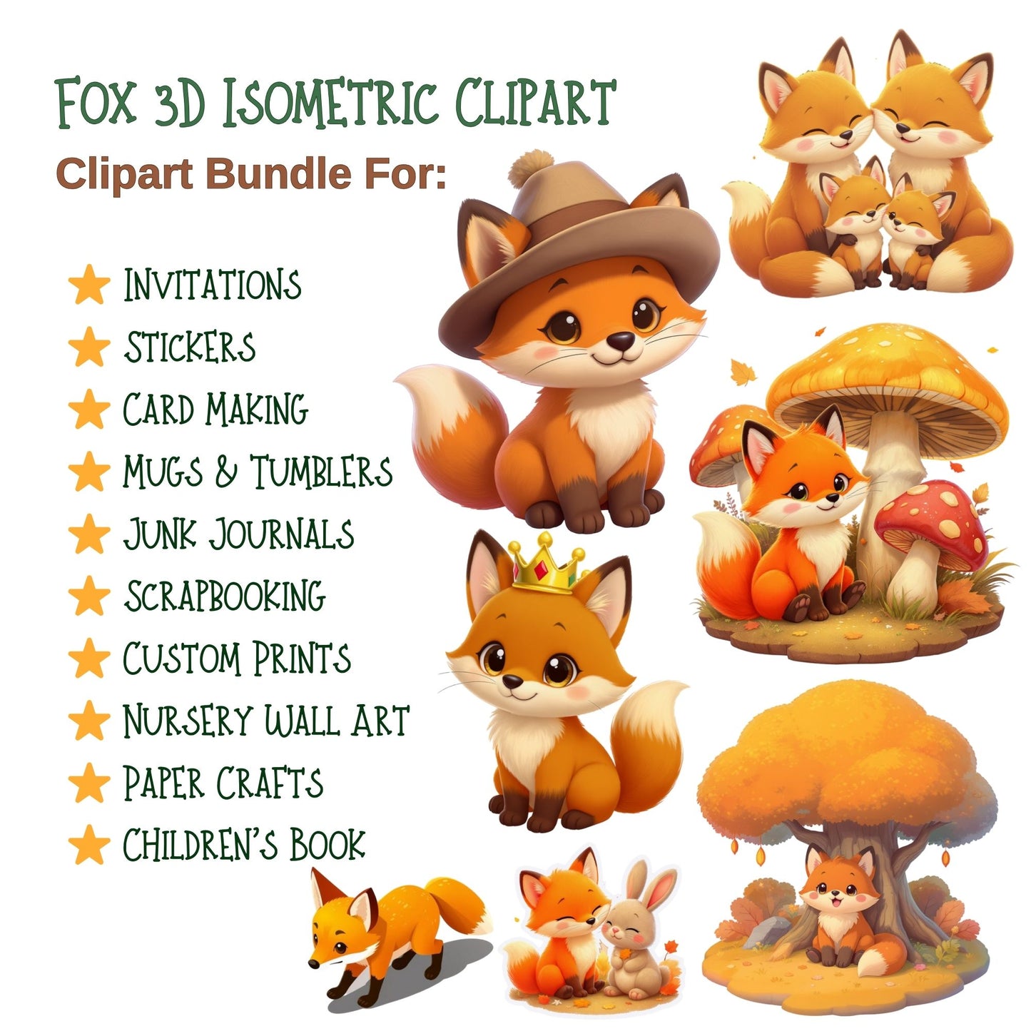 Fox 3D Clipart PNG | Woodland Animal Clipart | Isometric Fox PNG | Cute Fox Illustration | Nursery Decor Graphics