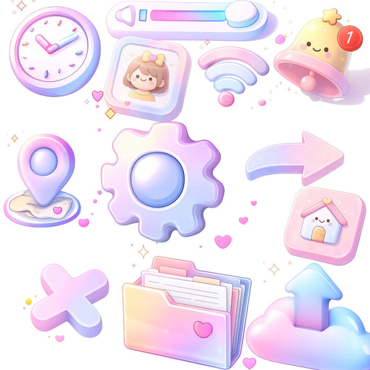 Pastel UI Interface Clipart – 3D Buttons & Icons PNG Bundle (50 Files) – Cute Isometric App Icons, Dashboard Elements, UX Design Graphics