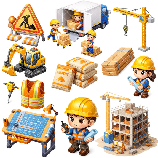 Construction Worker PNG Clipart, Builder Tools & Trucks, Cute Construction Graphics, Kids Crafts, Planner Stickers, Commercial Use, 50 PNG