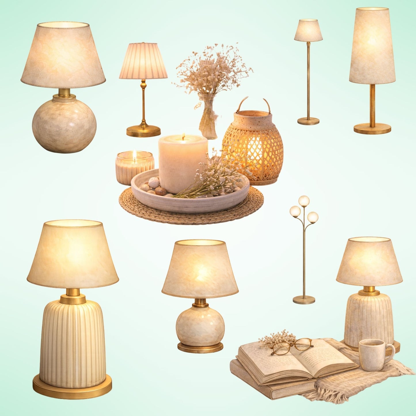 Cozy Lamp Clipart – 55 Watercolor Lighting PNG Files – Table Lamps, Candles & Hygge Home Decor Graphics