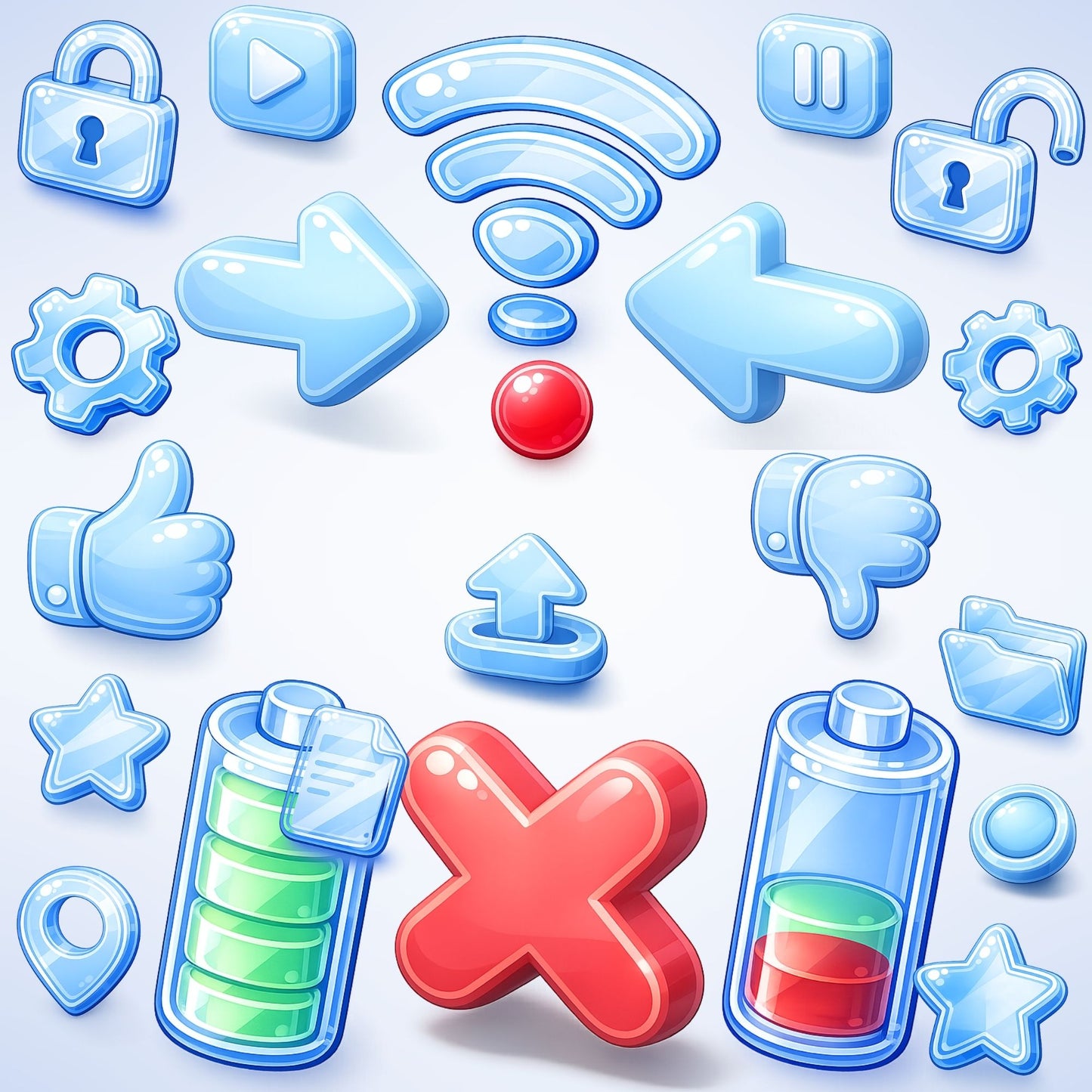 UI Interface Icons PNG Bundle – 50 Glossy App & Game Dashboard Icons for Web & Mobile Design