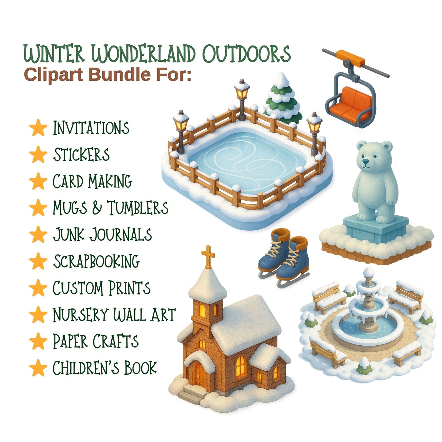 Winter Village Clipart PNG – Snowy Town, Castle & Park | Winter Wonderland 3D Landscape Art (60 Files)