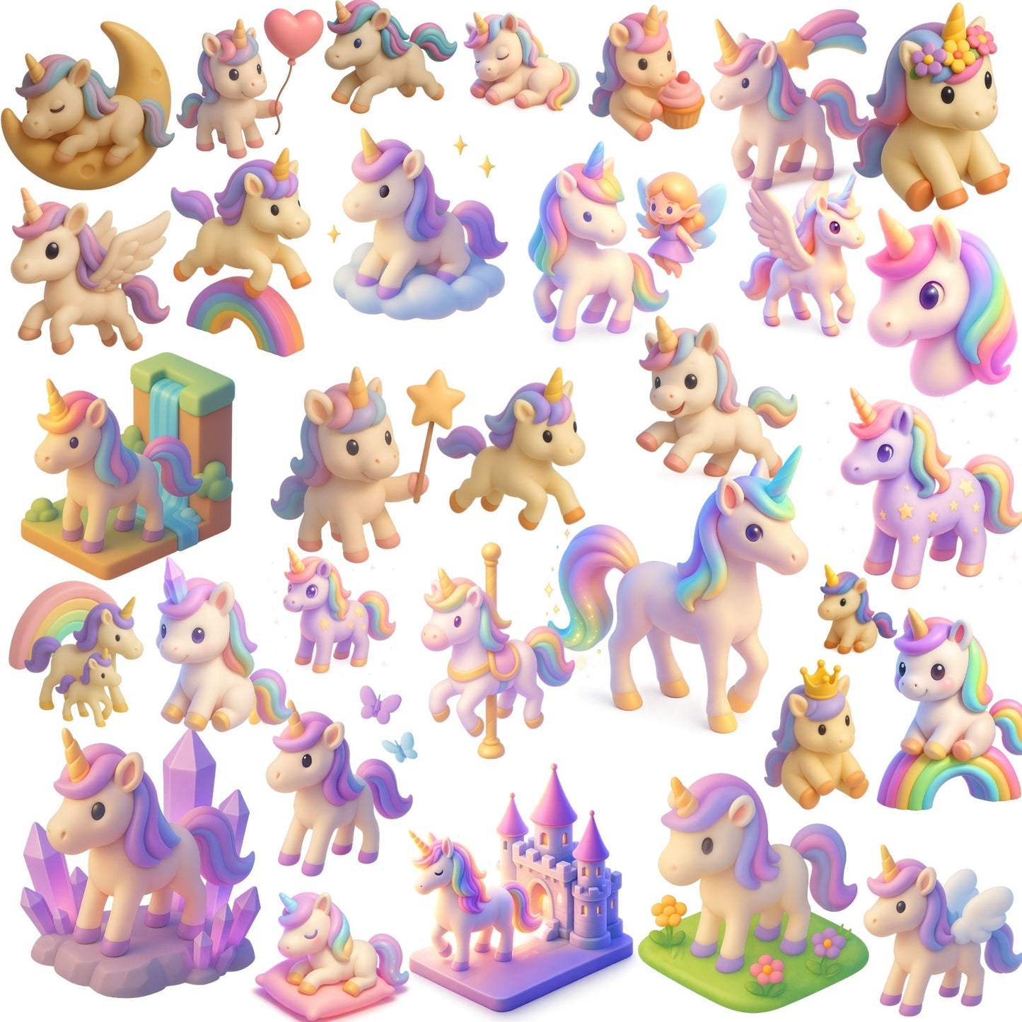 Unicorn PNG Clipart Bundle – 51 Cute Pastel Unicorn Graphics | Magical Creatures, Rainbows & Castle