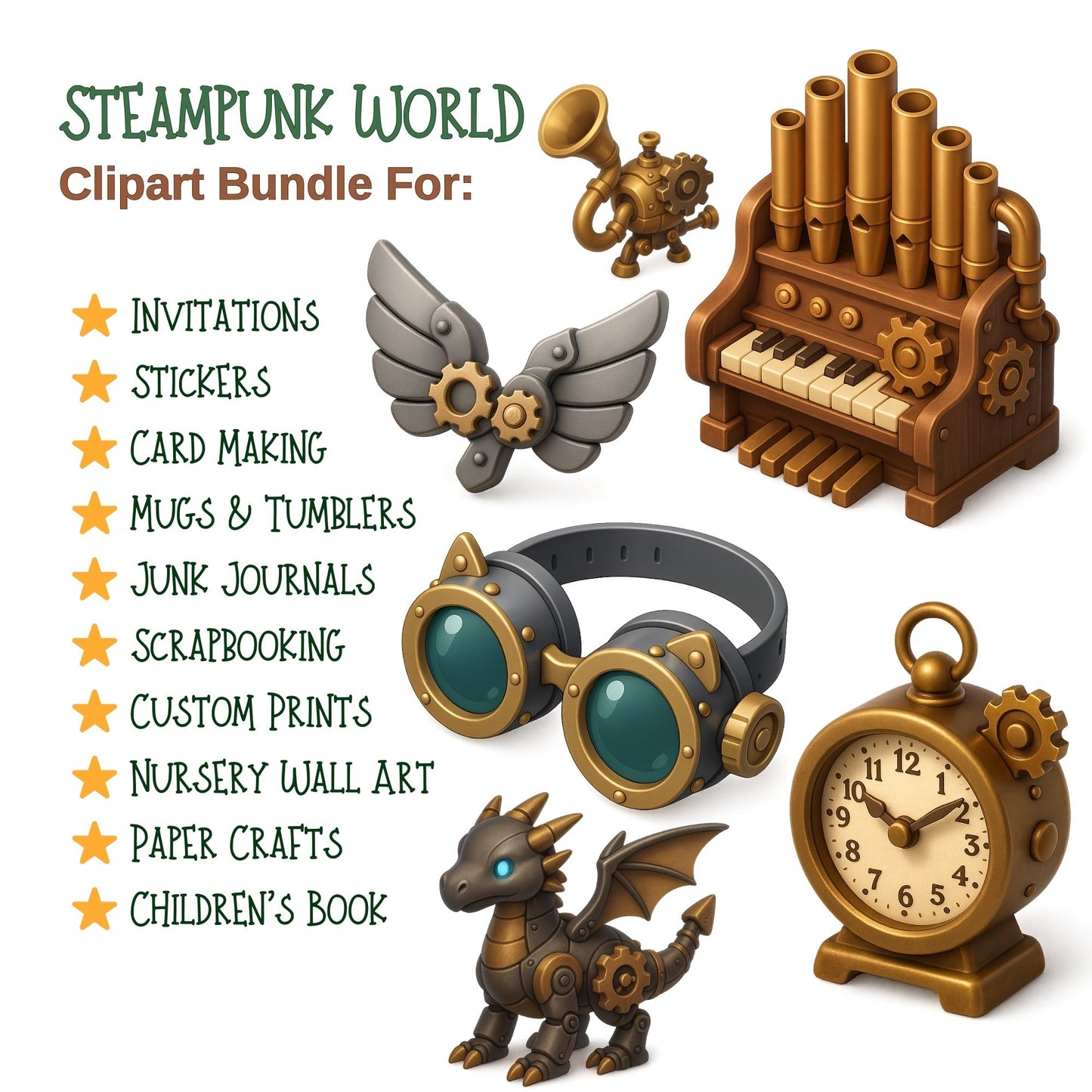 Steampunk Clipart PNG – Robots, Airships & Gears | Vintage Industrial 3D Steampunk Art (52 Files)