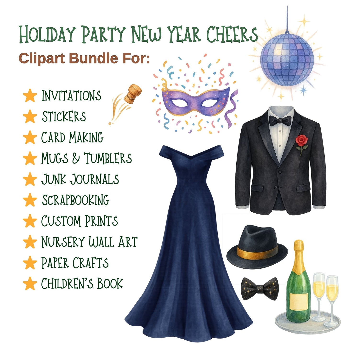 New Year Clipart 2026 – Champagne, Balloons & Party Watercolor PNG | Holiday Celebration Decor (57 Files)