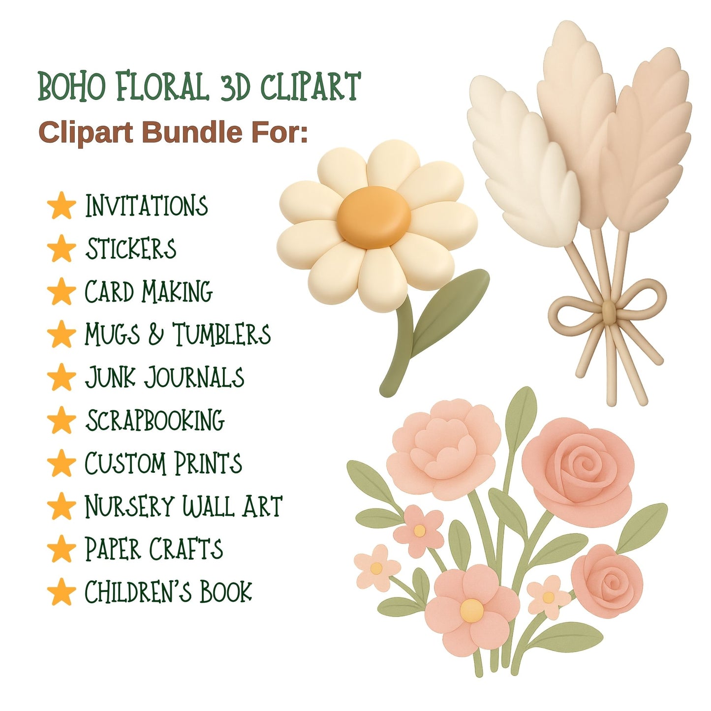 Boho Floral 3D Clipart PNG | Neutral Flower Graphics | Wedding Invitation Flowers | Boho Branding Elements | Commercial Use
