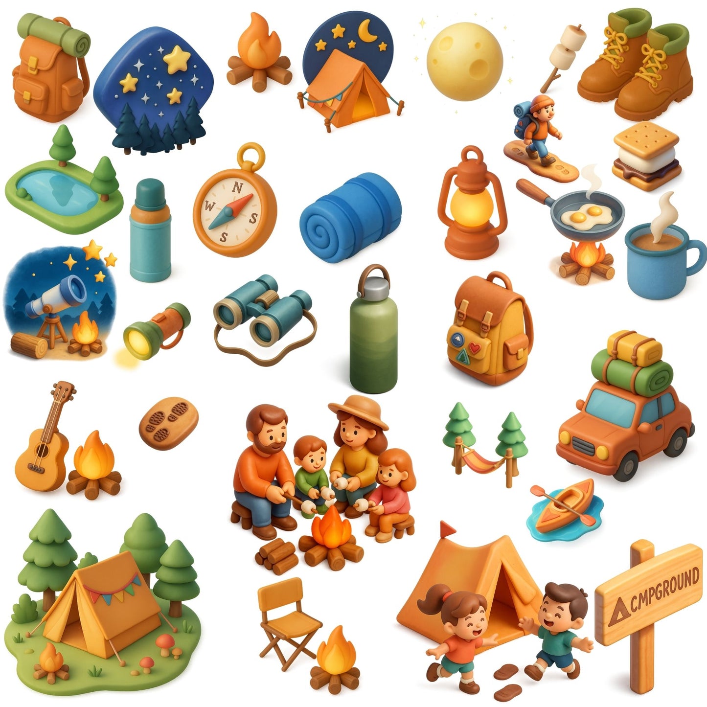 Summer Camping Clipart Bundle – Outdoor Adventure PNGs (55 Files) | Family Campfire, Tent & Hiking Art