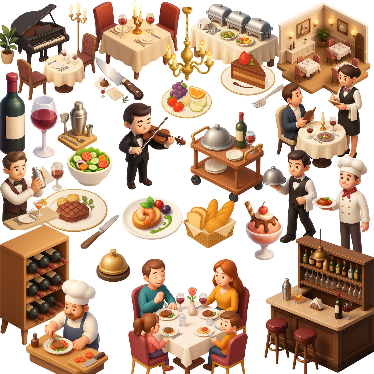 Fine Dining Watercolor Clipart – 65 PNG Restaurant & Bistro Graphics | Chef, Wine, Table Setting, Cafe Art