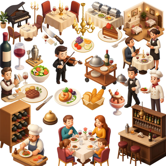 Fine Dining Watercolor Clipart – 65 PNG Restaurant & Bistro Graphics | Chef, Wine, Table Setting, Cafe Art