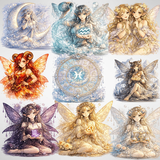 Fairy Zodiac Watercolor Clipart – 55 PNG Files | Astrology Fairies, Horoscope Art, Mystic Celestial Illustrations