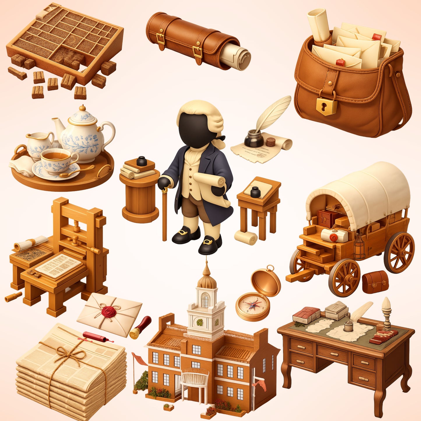 Founding Father Clipart Bundle – Colonial Desk, Documents & Printing Press PNG, US History Classroom Graphics, Patriotic 3D Art, 54 PNG