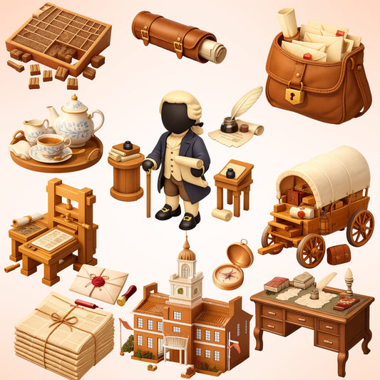 Founding Father Clipart Bundle – Colonial Desk, Documents & Printing Press PNG, US History Classroom Graphics, Patriotic 3D Art, 54 PNG