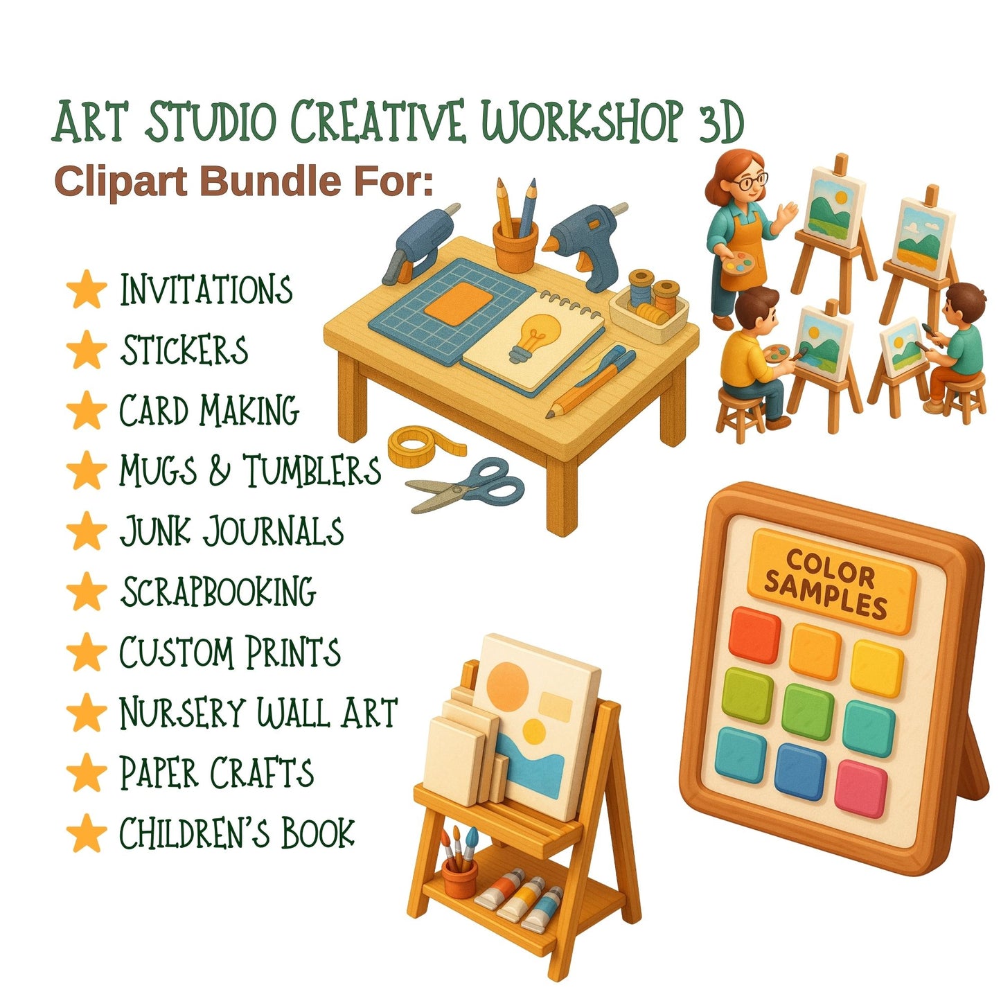 Art Studio Clipart 3D – Artist Tools & Sewing PNG Set, Creative Workshop, Craft Room, Art Supplies Illustration (60 PNG)