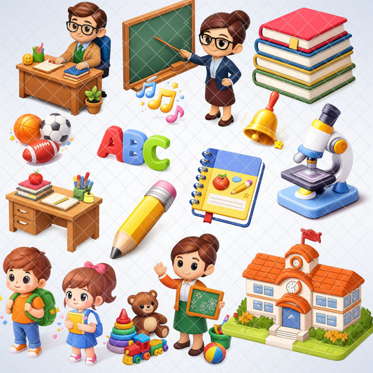 Teacher and School 3D PNG Clipart Bundle, Classroom Graphics, Students & Supplies, Back to School Art, Planner Stickers, Commercial Use, 49 PNG