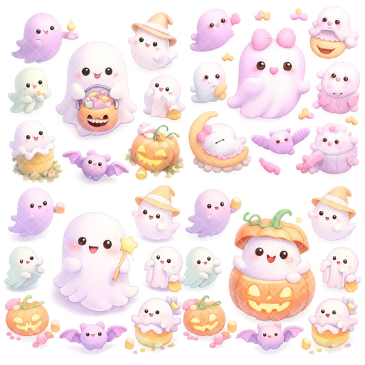 Kawaii Ghost Halloween Clipart Bundle – Cute 3D Isometric Ghost PNG, Pastel Halloween Elements, Candy & Pumpkins, 50 PNG