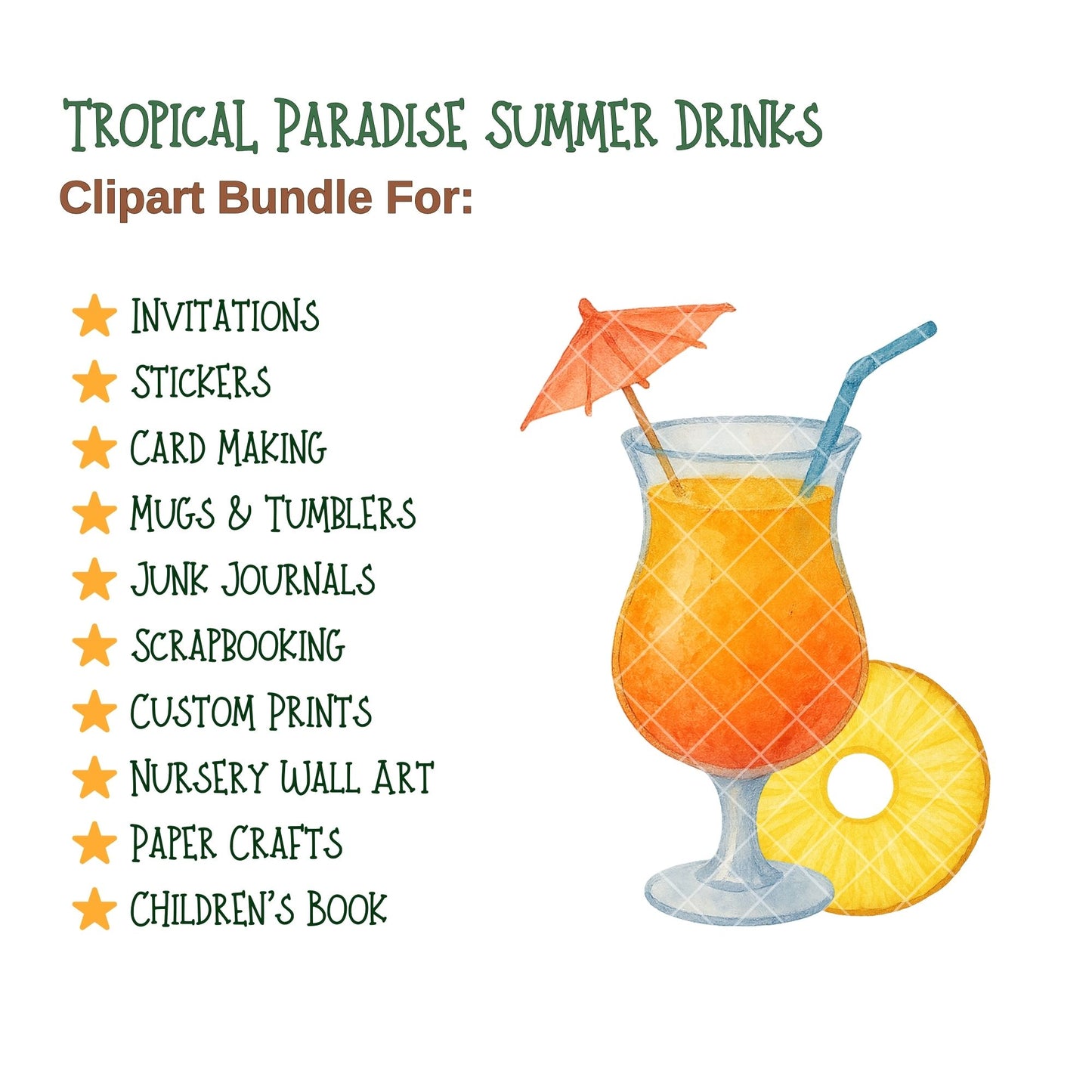 Tropical Watercolor Clipart PNG | Summer Drinks & Beach Icons | Tropical Paradise Art | Vacation Clipart | Commercial Use