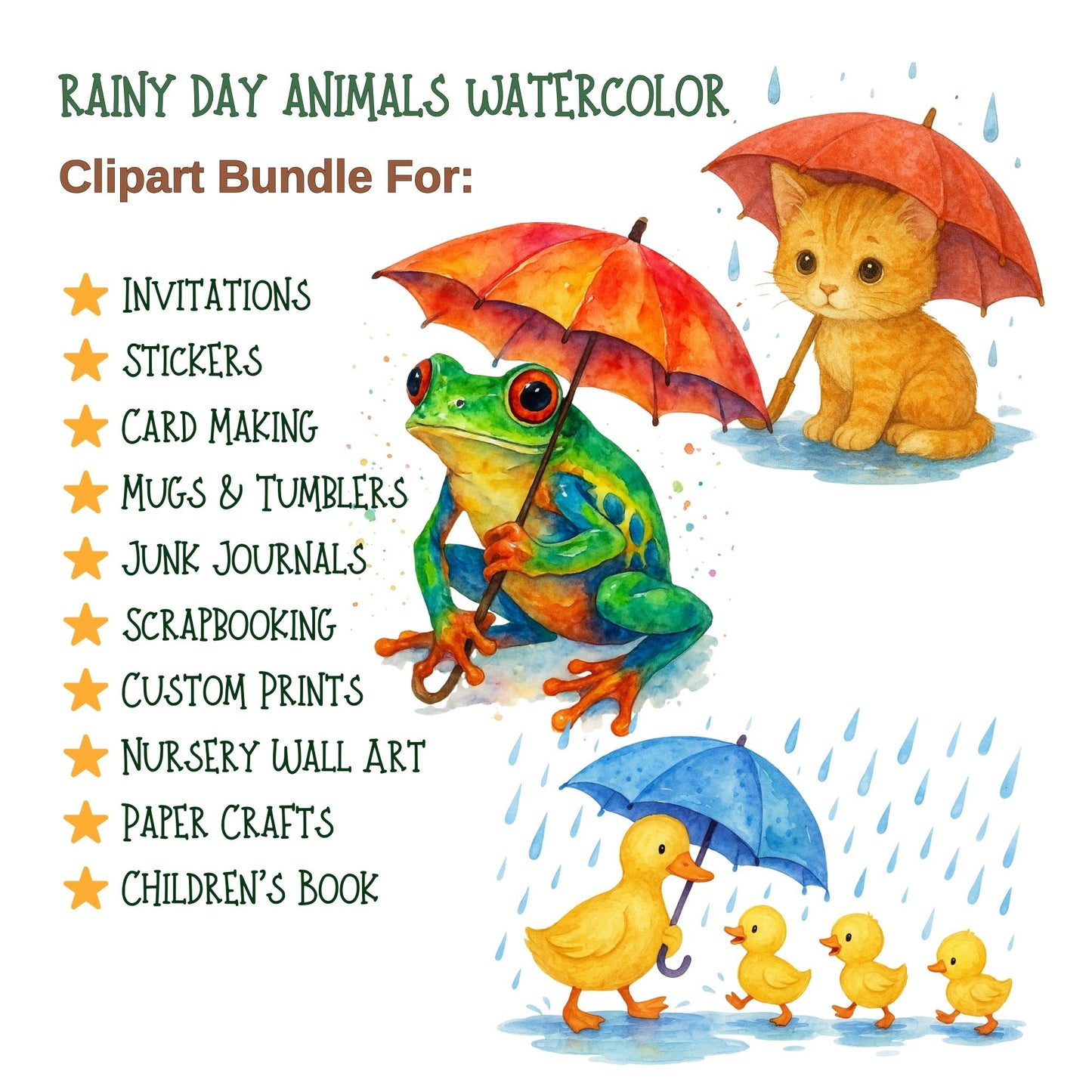 Rainy Day Animals Watercolor Clipart PNG – Cute Kids, Umbrellas, Rain Gear (50 PNG)