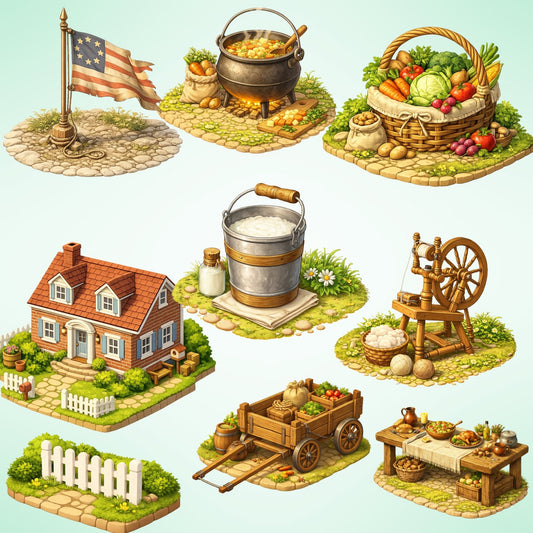 13 Colonies Clipart – Colonial Daily Life PNG Bundle – 54 Early American Homes, Tools & Classroom Graphics