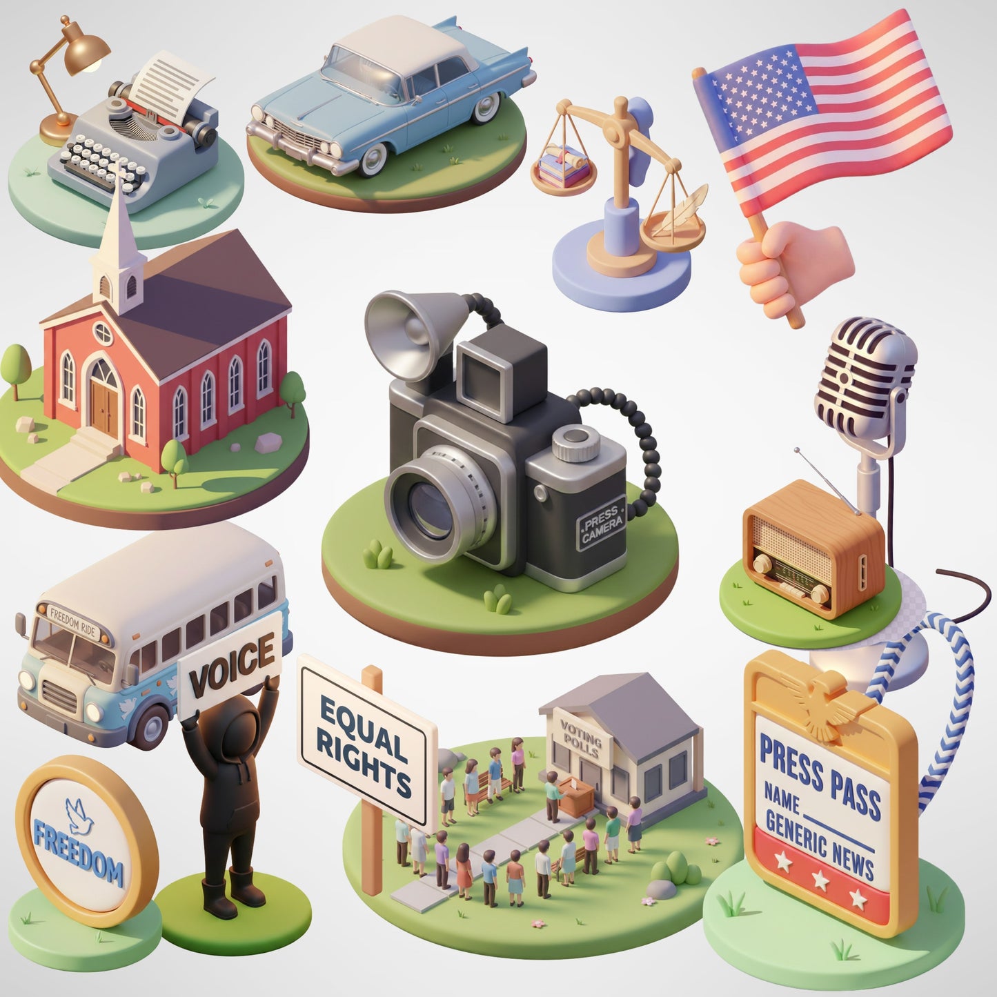 American Civil Rights 3D Clipart PNG Bundle – 54 Equality & Justice History Graphics for Education