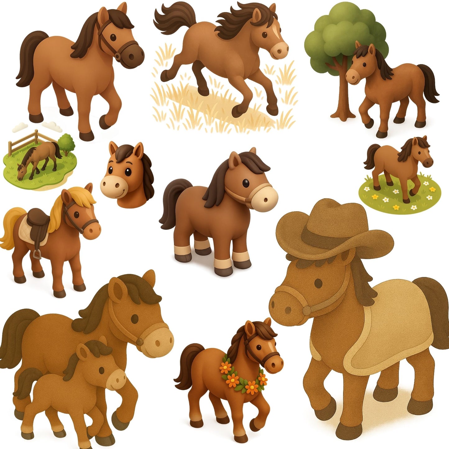 Cute Horse & Pony Clipart Bundle – Farm Animal PNG Designs for Kids, Western Party & Crafts (50 Files)
