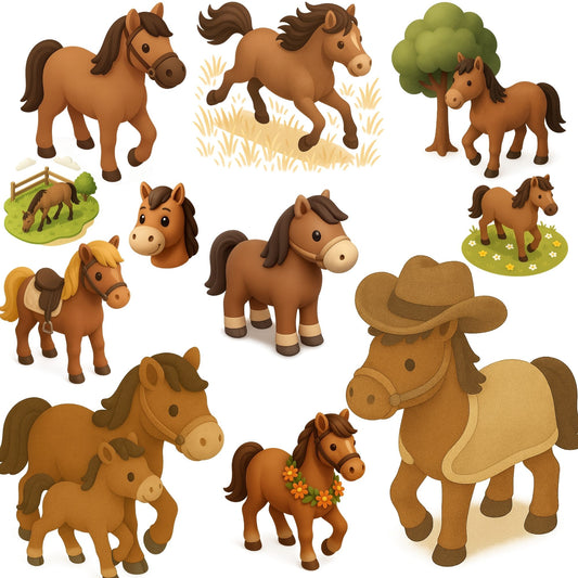 Cute Horse & Pony Clipart Bundle – Farm Animal PNG Designs for Kids, Western Party & Crafts (50 Files)
