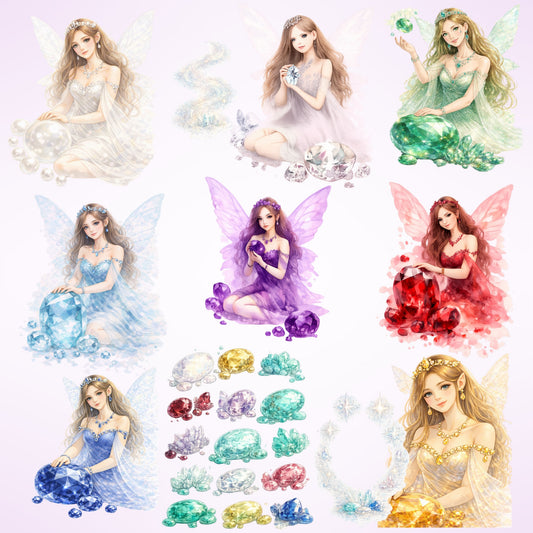 Birthstone Fairy Clipart – 55 Watercolor PNGs for 12 Gemstones – Zodiac Fairy Art, Birthday & Spiritual Graphics