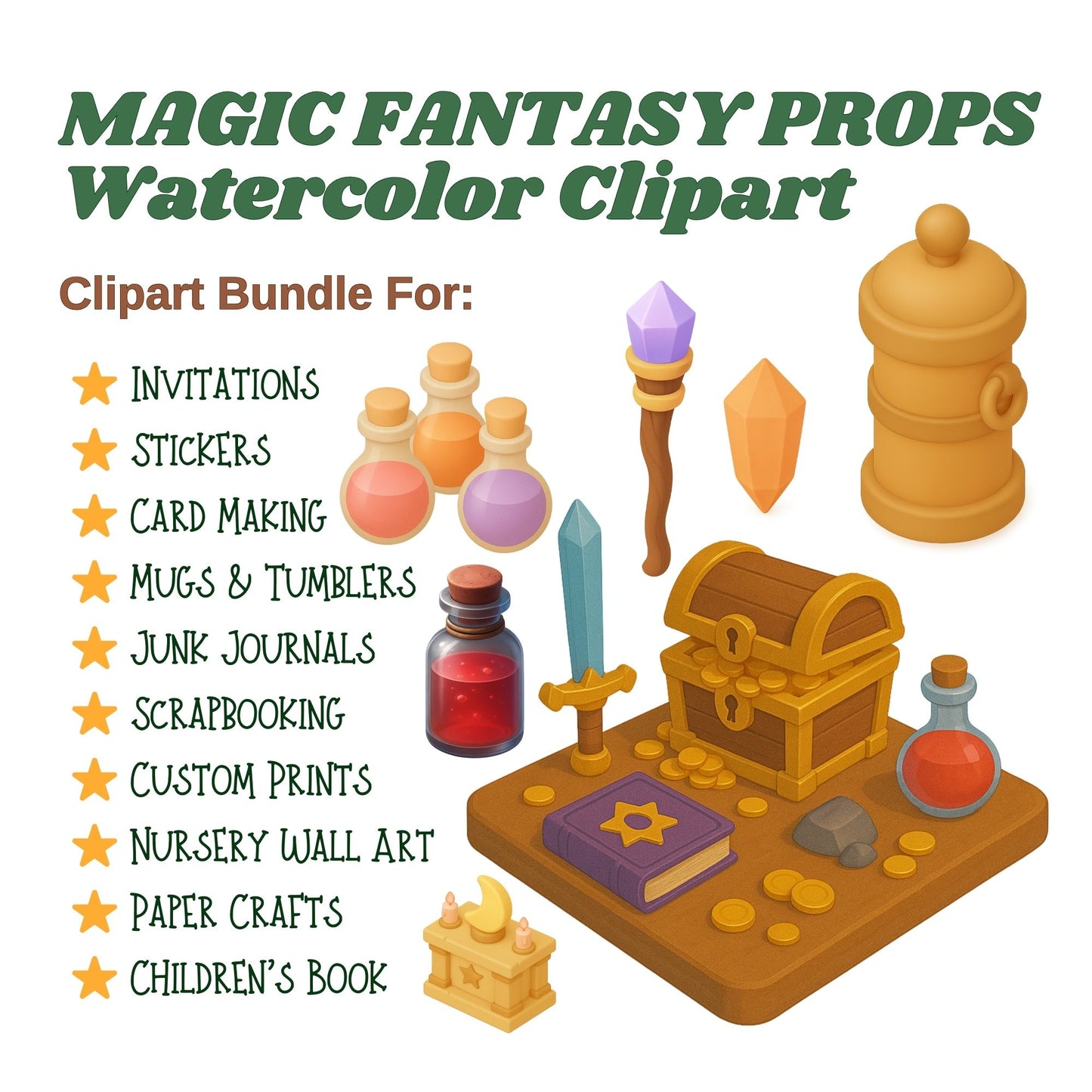 Magic Fantasy Props PNG – Witchy Clipart Set, Spell Books, Potions, Crystals & Wizard Graphics (60 Files)