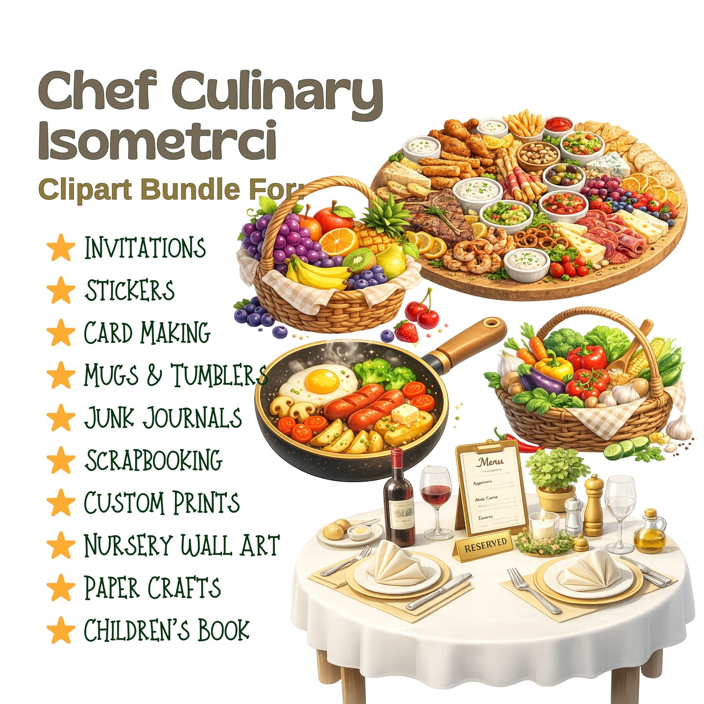 Chef Clipart Bundle – 3D Isometric Cooking PNGs (47 Files) – Cute Kitchen Graphics, Baking & Recipe Design