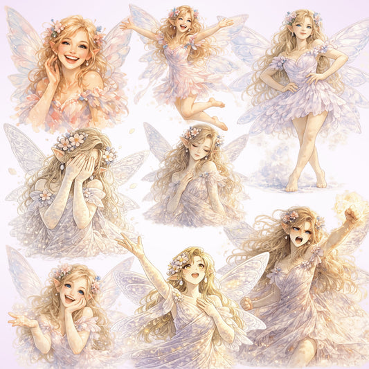 Fairy Emotions Watercolor Clipart PNG Bundle – 55 Fantasy Fairies for Stickers, Sublimation & Kids Projects