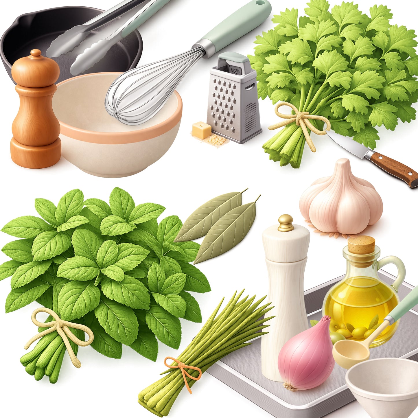 Kitchen Herbs & Utensils 3D Isometric Clipart Bundle – Cooking PNG, Food Illustration Graphics for Recipes, Planners & Sublimation, 50 PNG