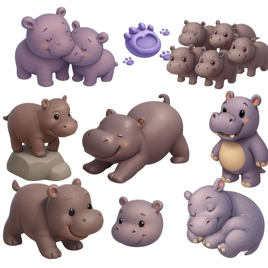 Cute Hippo Clipart Bundle – 3D Isometric Kawaii Hippo PNG, Nursery & Baby Shower Animals, Kids Clipart, 44 PNG