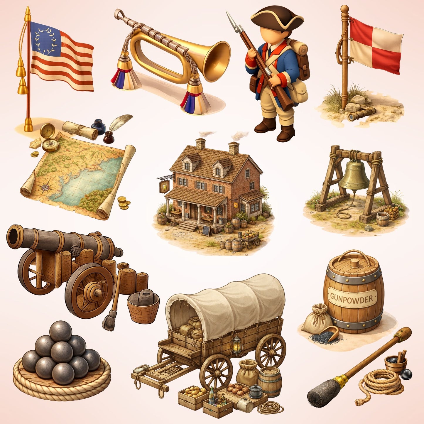 American Revolution Clipart – 50 Colonial PNG Files – Revolutionary War Soldiers, Cannons & History Classroom Graphics