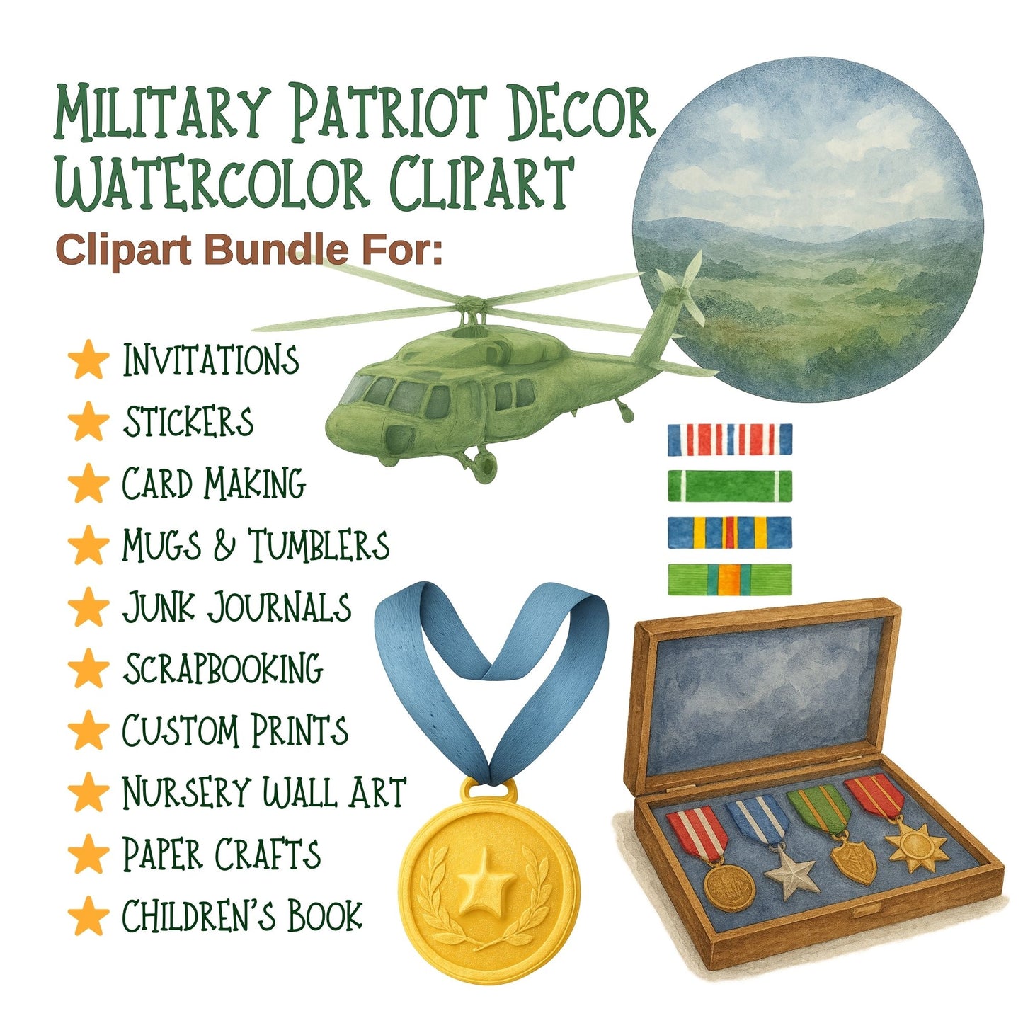 Military Patriotic Clipart Bundle – Watercolor Veteran PNGs, Army & 4th of July Patriotic Art (55 Files)