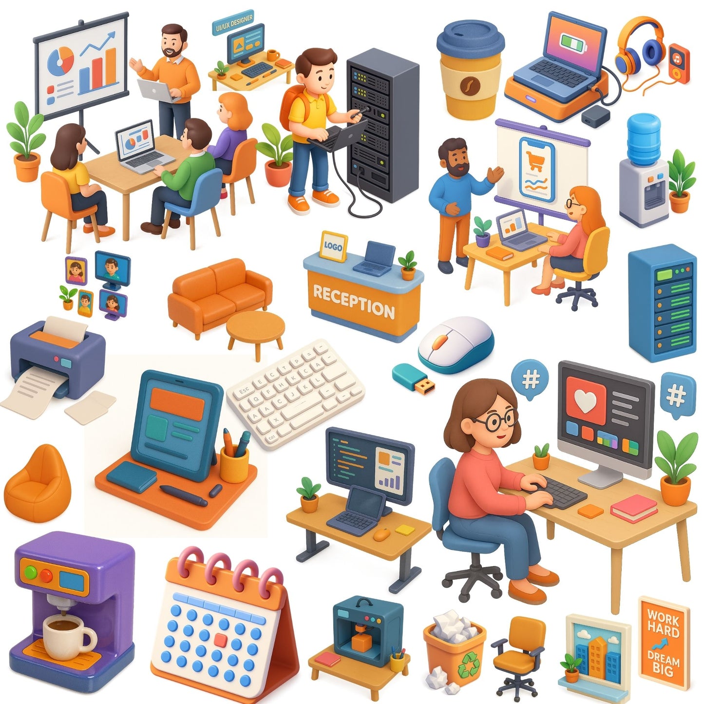 Tech Office Watercolor Clipart – Startup Workspace PNG Bundle | Business, Coding, Remote Work (60 Files)