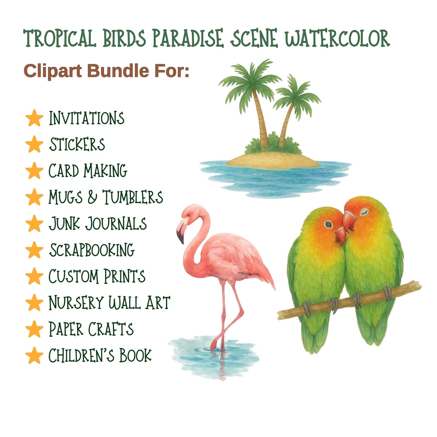Tropical Watercolor Clipart PNG – Birds, Beach, Paradise Art, Summer Vacation Graphics (50 PNG)