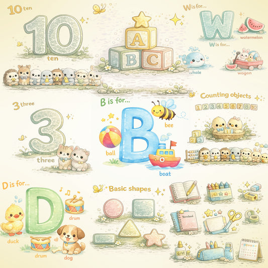 ABC Numbers Learning Clipart – 55 PNG Alphabet & Counting Objects | Preschool Worksheets, Flashcards, Classroom Posters