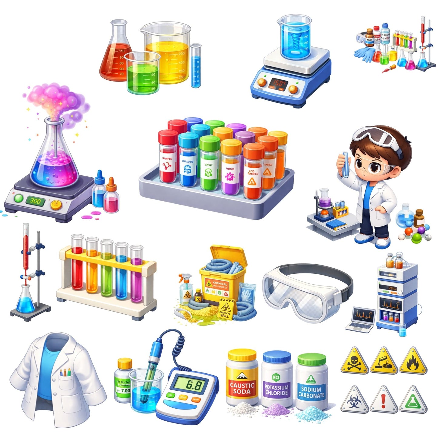 Chemist 3D PNG Clipart Set – Science Lab, Beakers & STEM Graphics (40 Files)