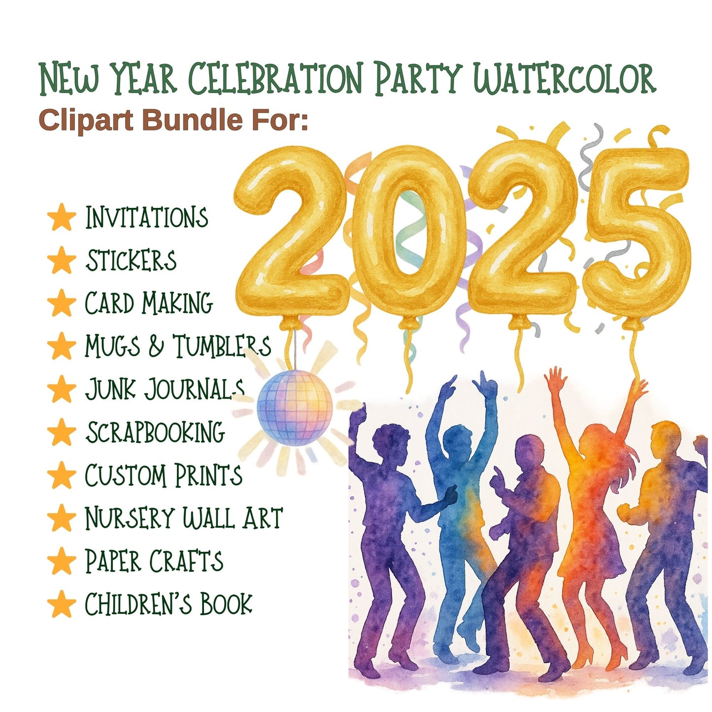 New Year Party Watercolor Clipart – 2025 Celebration PNG Set, Champagne Balloons Fireworks, New Years Eve Clipart, 59 PNG Files