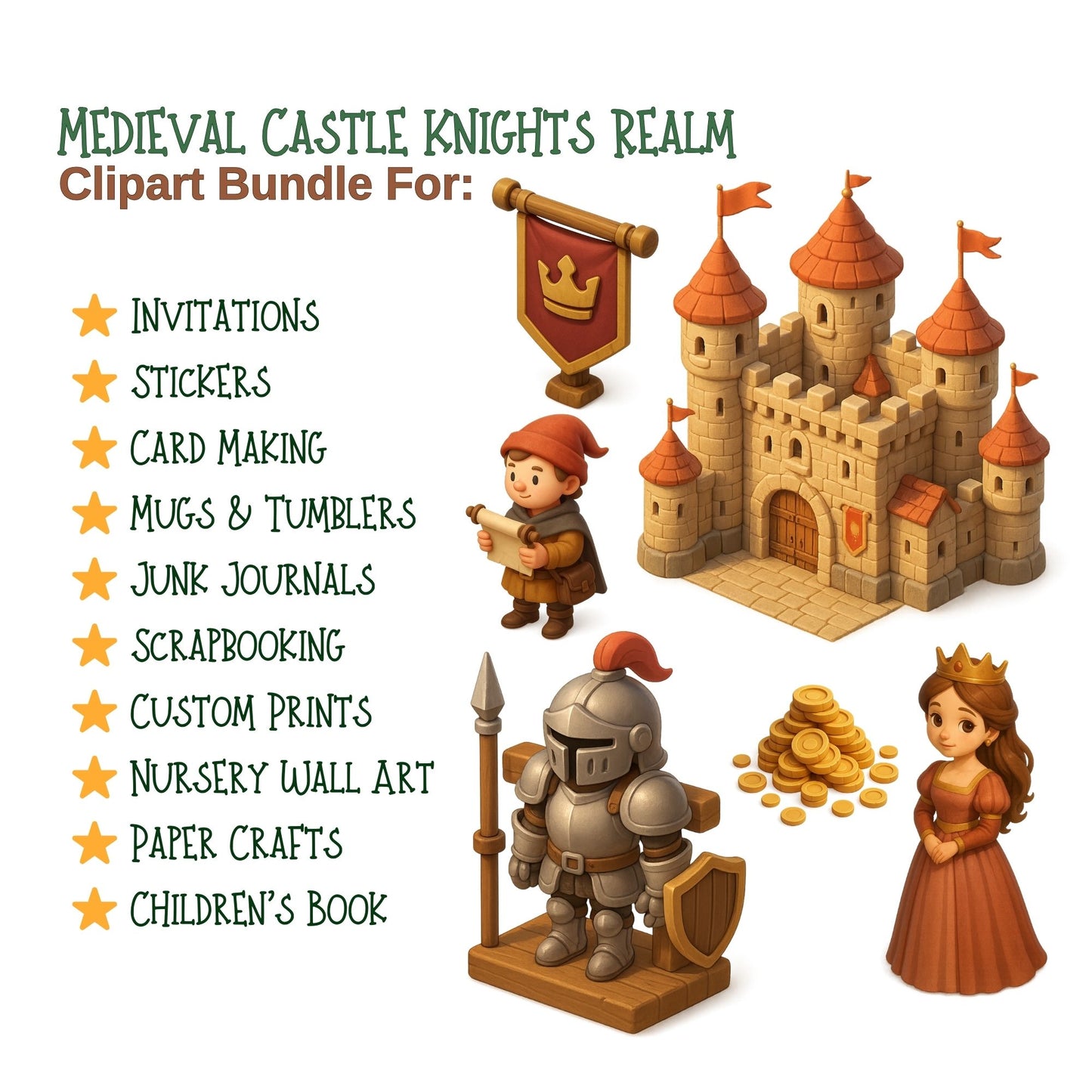 Medieval Clipart PNG – Castle, Knights & Fantasy Kingdom | Royal Medieval 3D Art Set (60 Files)