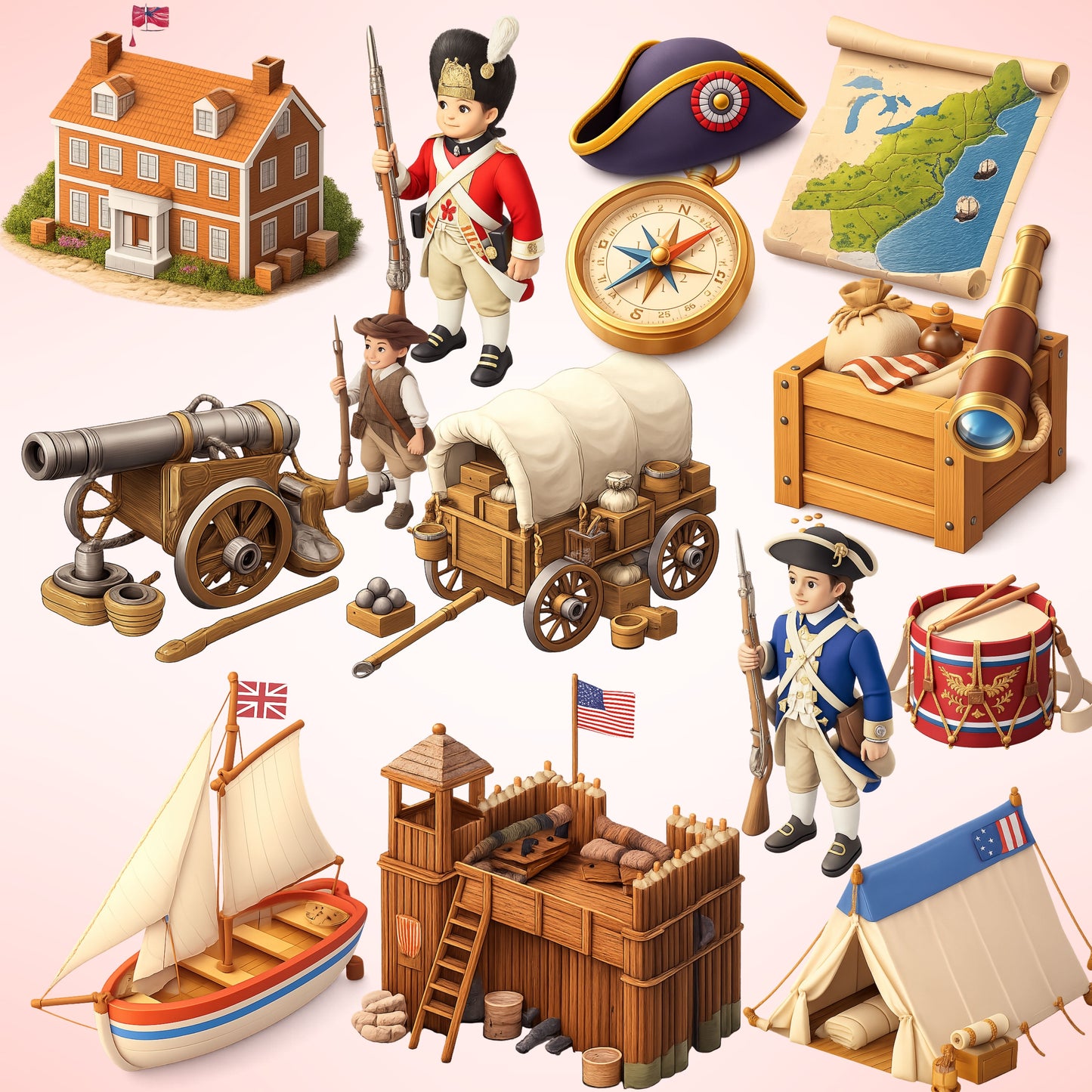 American Revolution 3D Clipart Set – 60 PNG History Illustrations for Classroom & Homeschool