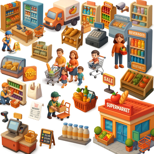 Supermarket Grocery Store Clipart – 60 3D PNG Files | Shopping Cart, Cashier, Food & Market Scenes