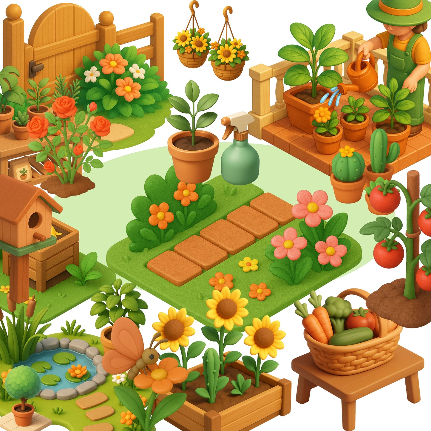 Gardening Clipart Bundle – 55 Isometric Garden PNGs – Tools, Plants, Vegetable Beds & Spring Planner Graphics