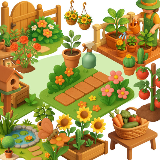 Gardening Clipart Bundle – 55 Isometric Garden PNGs – Tools, Plants, Vegetable Beds & Spring Planner Graphics