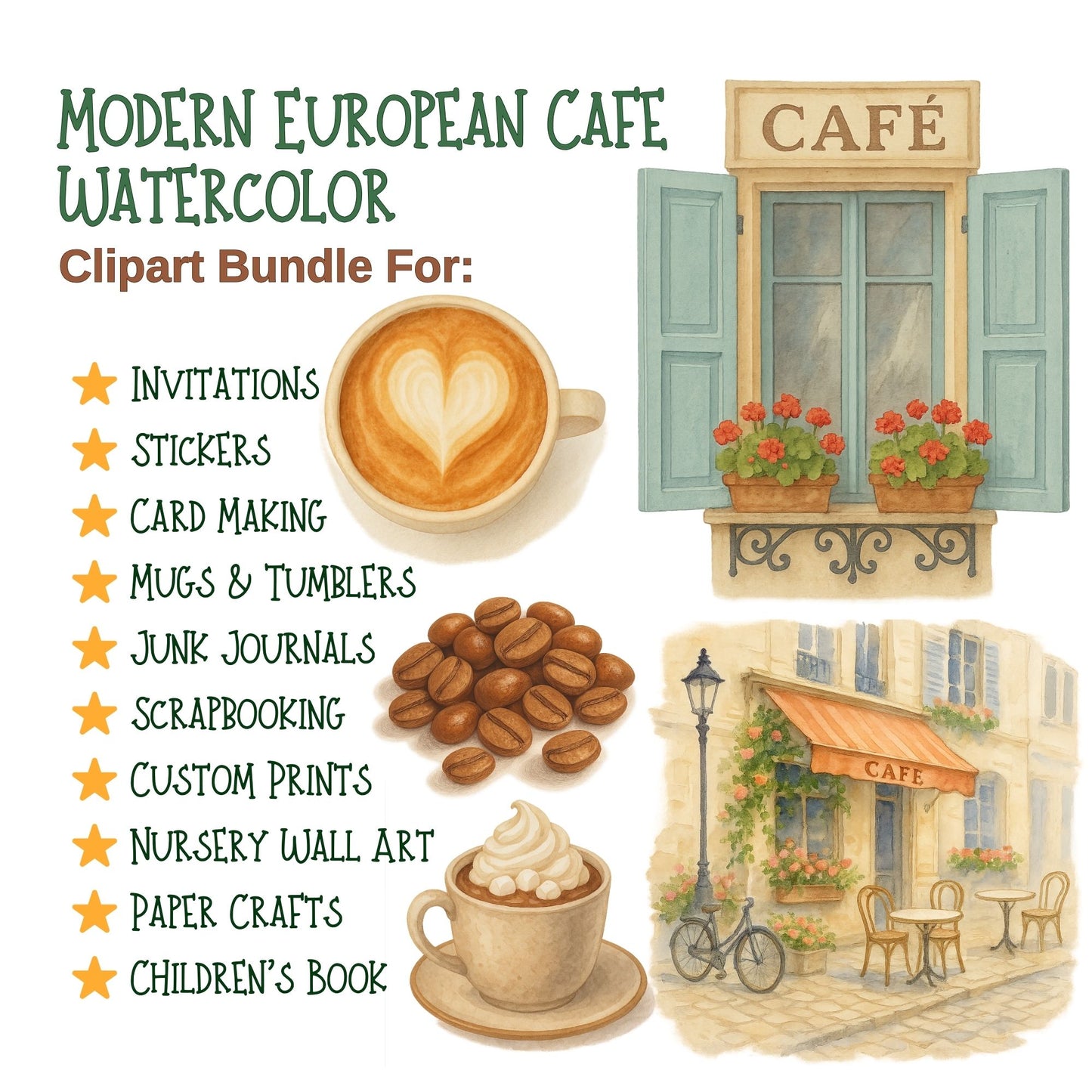 Watercolor European Cafe Clipart – Coffee & Croissant PNG Set, Paris Cafe Pastry Illustrations (53 Files)